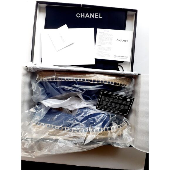 Chanel Blue Black Cap Toe Linen Canvas CC Espadrilles NIB EU38 US7.5Authentic - Picture 7 of 14